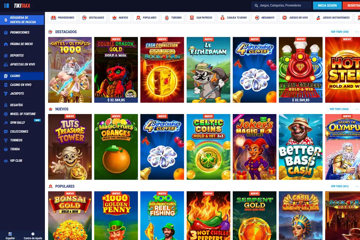 Lobby de juegos móvil de Tikitaka Casino con tragamonedas y categorías
