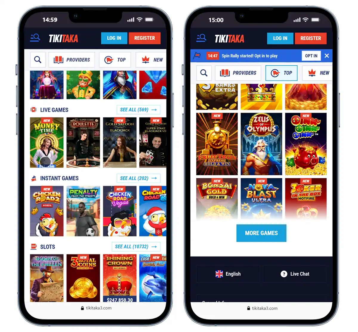 Interfaz móvil de Tikitaka Casino en smartphones con tragamonedas y juegos en vivo