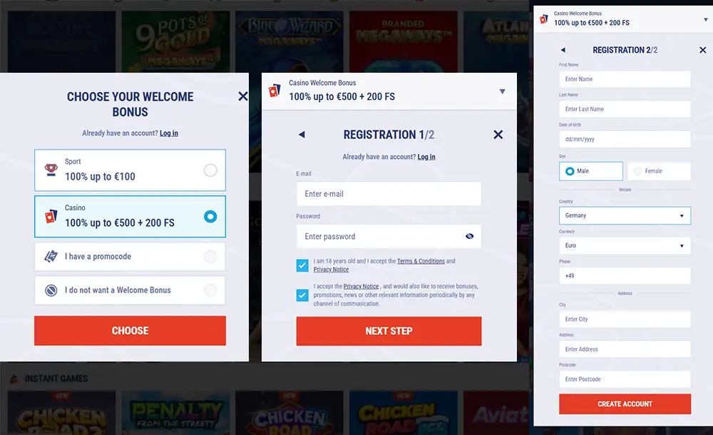Proceso de registro en Tikitaka Casino con selección de bono