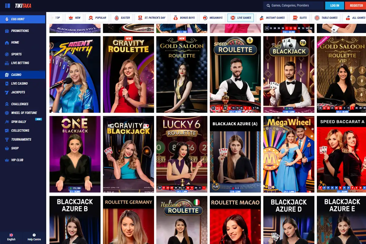 Interfaz de juegos en vivo de Tikitaka Casino