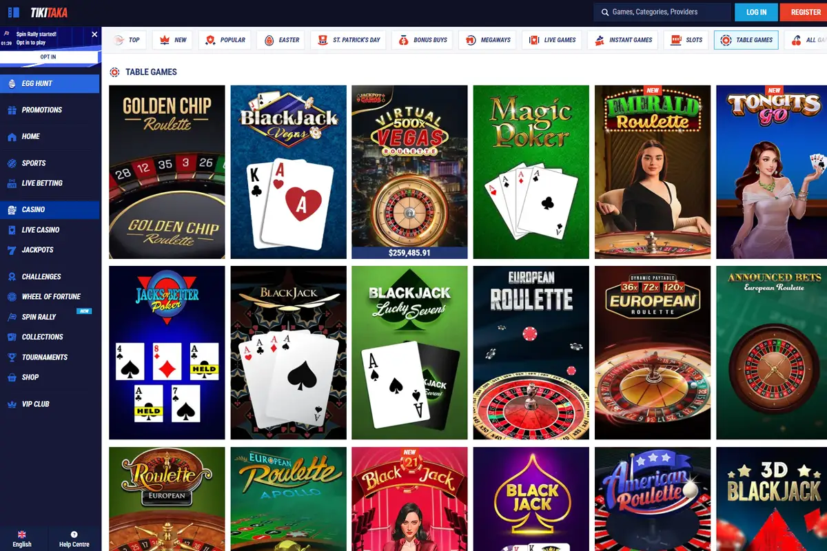 Interfaz de juegos de mesa de Tikitaka Casino con ruleta y blackjack